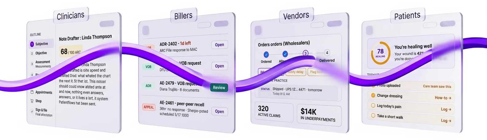 Four Patientflows workspaces - clinical, billing, fulfillment and patient - shown as translucent glass panels with a single continuous strand of violet light running through all four, representing one shared record.