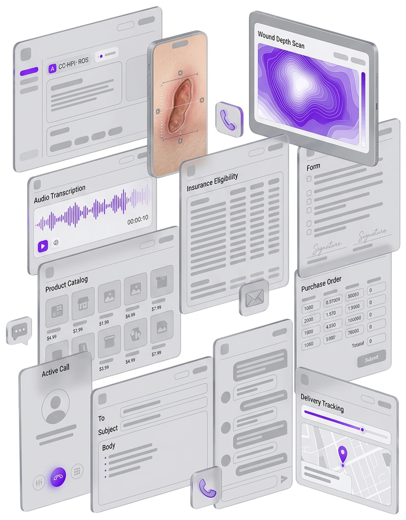 Twelve unconnected applications a wound practice uses in a day - clinical chart, wound photo on a phone, wound depth scan, audio transcription, insurance eligibility, documentation form, product catalog, purchase order, active call, email, text thread and delivery tracking - floating separately with nothing linking them.